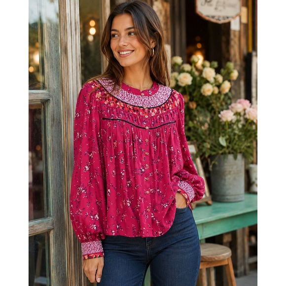Free People Tops - NWT Free People Paloma Floral Button Peasant Top Berry Combo Small Cottagecore